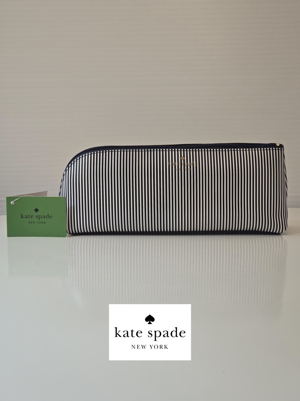 NWT Kate Spade Navy & White Striped Pencil Pouch w/ eraser, ruler & sharpener